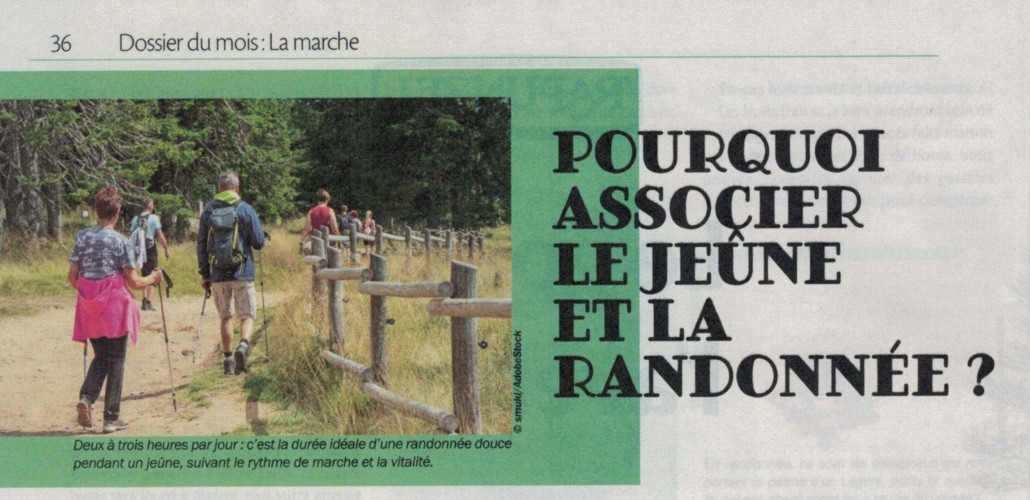 En France la pratique du jeûne d’une semaine se fait traditionnellement en association avec la marche, une activité douce qui sollicite tout le corps sans provoquer d’épuisement excessif. Proposée dans tous les centres regroupés sous le sigle FFJR (Fédération francophone Jeûne &...